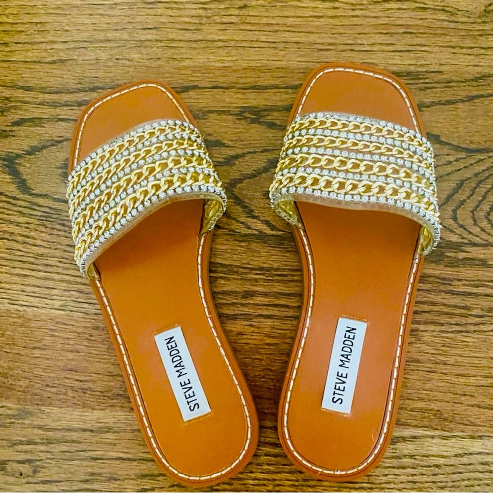 Steve Madden Tan Leather Slide Sandals with Gold Chain Straps